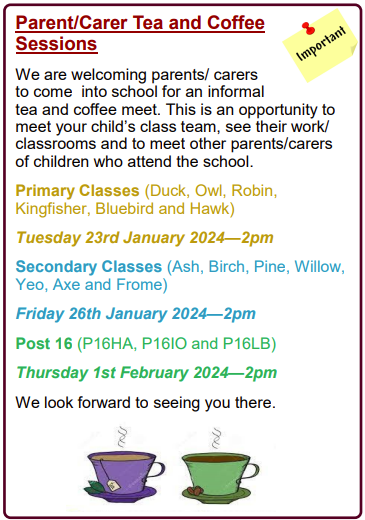 2pm: Primary classes parent/carer tea and coffee session